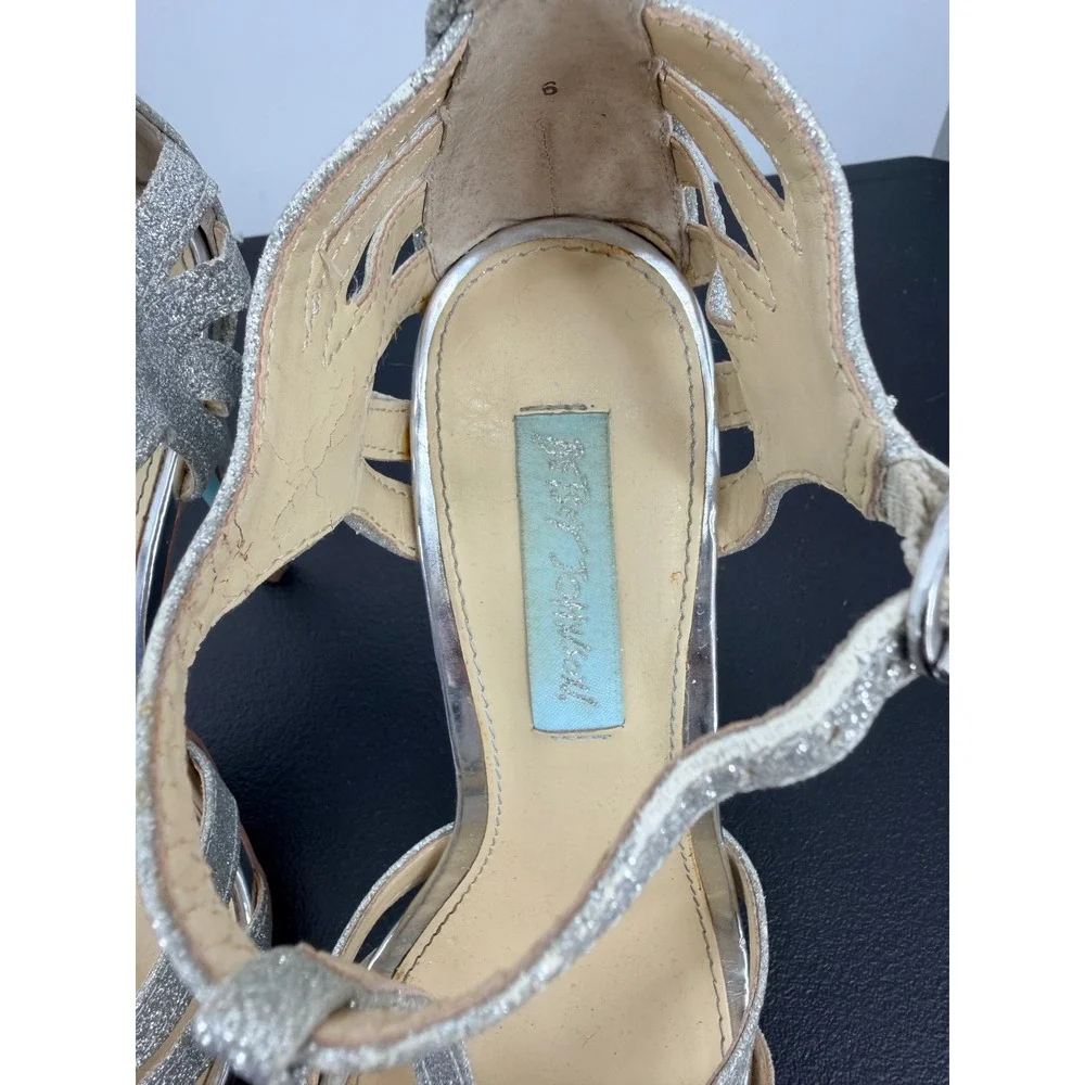 Betsey Johnson Blue Heels 6 Silver Good Glitter T-Strap Stiletto Glam Sparkle
